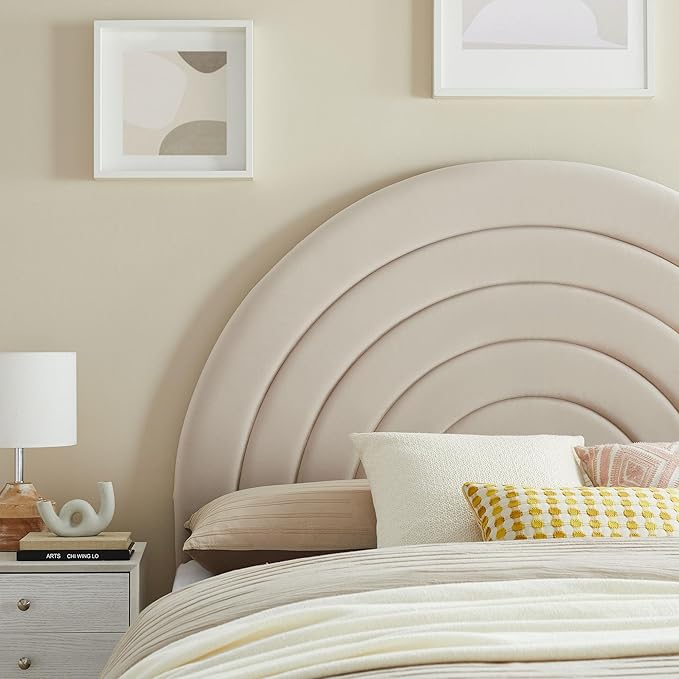 Modway Solana Soft Arch Shaped Round Queen Headboard in Almond – Upholstered Headboard – Stain-Resistant Performance Velvet Headboard for Queen Size Beds