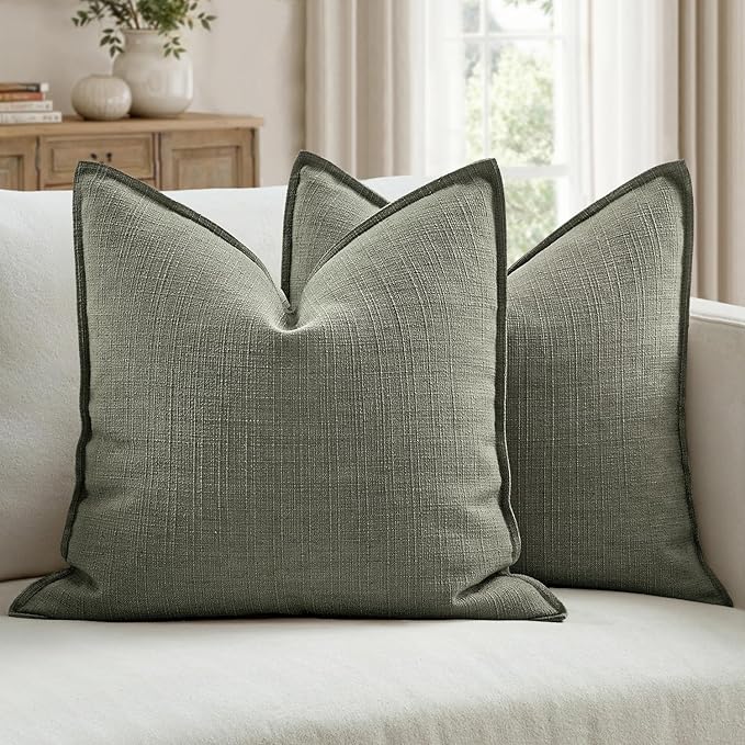 MIULEE Pack of 2 Thick Textured Couch Throw Pillow Covers, Olive Green Decorative Pillow Covers 20x20, Neutral Linen Cushion Cases for Sofa Bed Living Room Modern Farmhouse Home Decor, No Filling