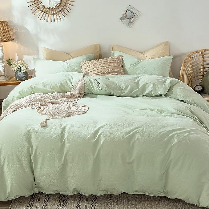 MooMee Bedding Duvet Cover Set 100% Washed Cotton Linen Like Textured Breathable Durable Soft Comfy (Heathered Seaglass Green, King 104"x90")