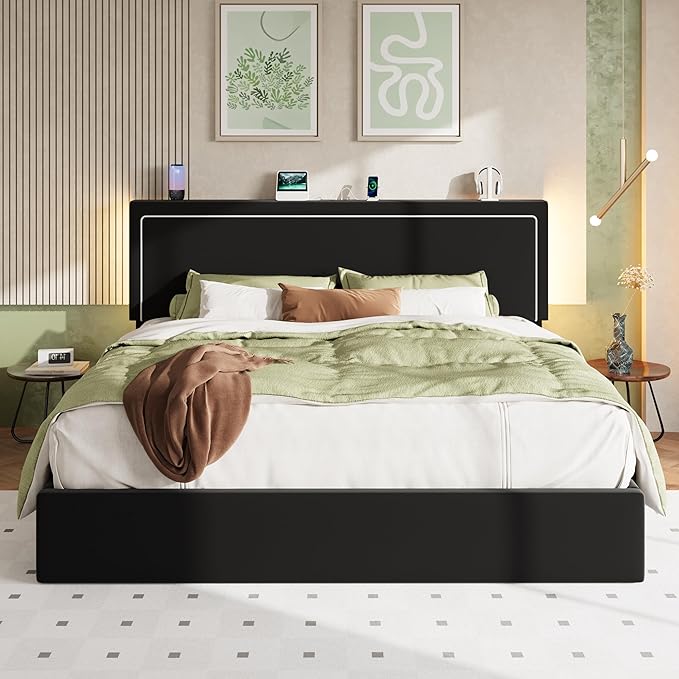 Allewie King Size Lift Up Storage Bed Frame with Charging Station & LED Lights, Adjustable Velvet Upholstered Storage Headboard, Type-C & USB Ports, Hydraulic Support, No Box Spring Needed, Black