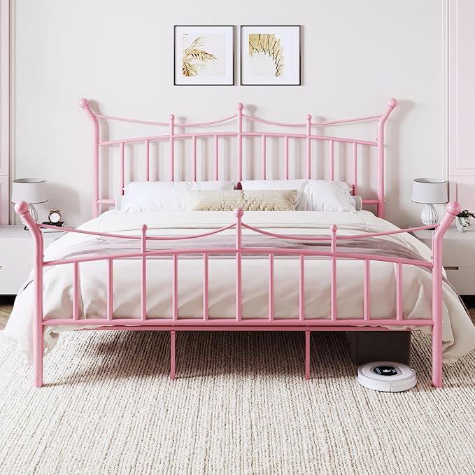 Allewie 14 Inches King Size Metal Platform Bed Frame with Elegant Crown Iron-Art Headboard & Footboard, Sturdy Mattress Foundation with Under-Bed Storage, Easy Assembly, No Box Spring Needed, Pink