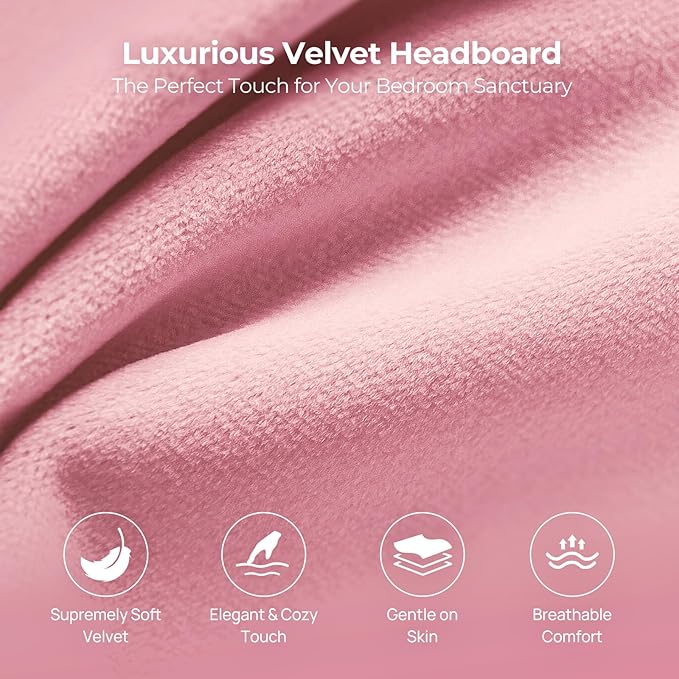 Rolanstar Headboard for Queen Size Bed with Storage, Head Board with USB & Type C Port, 60,000 DIY Color of LED Light, Velvet Upholstered, Height Adjustable, Sturdy, Easy Assembly, Pink
