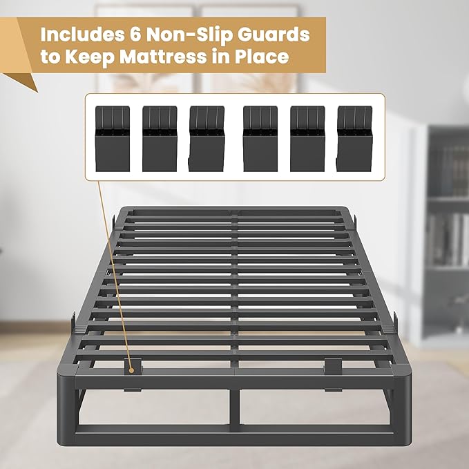 10 Inch Queen Bed Frame with Rounded Corner and Squeak Free U-Slot Design, Metal Platform Bed Frames 6 Non-Slip Mattress Grippers, 3500lbs Heavy Duty Steel Slat Support, No Box Spring Needed