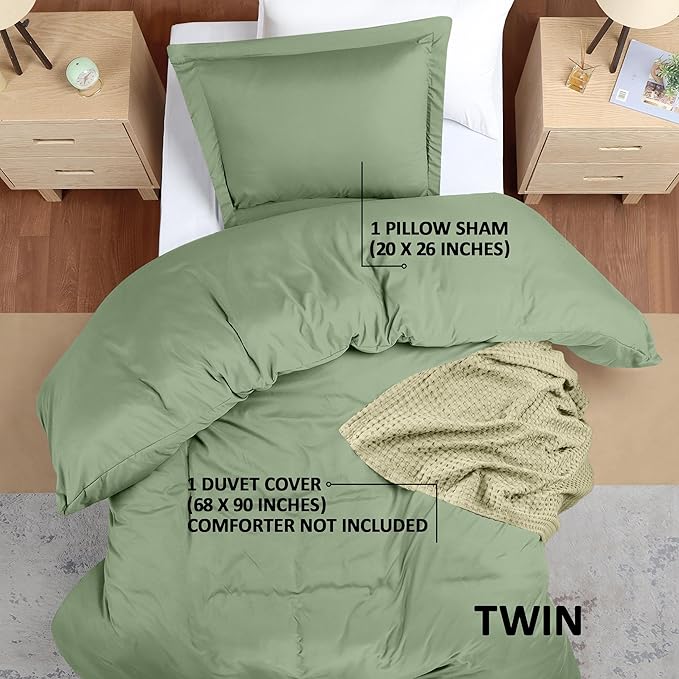 Utopia Bedding Duvet Cover Twin Size - 2 Piece with Zipper Closure - 1 Comforter Cover 68X90 Inches & 1 Pillow Sham 20X26 Inches (Sage) Comforter Not Included