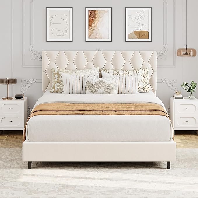 GarveeHome Queen Size Platform Bed Frame with Upholstered Headboard and Wooden Slats Support, Upholstered Mattress Foundation/No Box Spring Needed/Easy Assembly, Beige