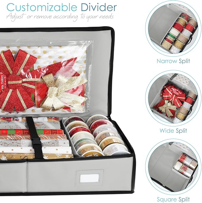 Hearth & Harbor Wrapping Paper Storage Container - Christmas Storage Bag with Interior Pockets - Gift Wrap Organizer Fits Up to 22 Rolls of 40" - Tear Proof, Silver
