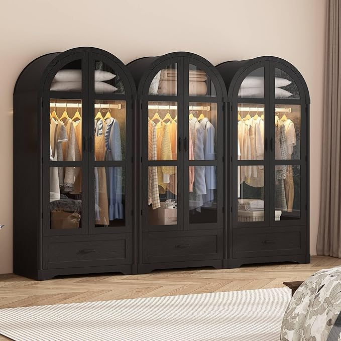 chartustriable 2 Doors Arched Armoire Wardrobe Closet w/Drawers,LED Light,Wooden Closet Wardrobe Cabinet with Hanging Rod for Bedroom,Modern Armoire Storage Cabinet w/Shelf,Black