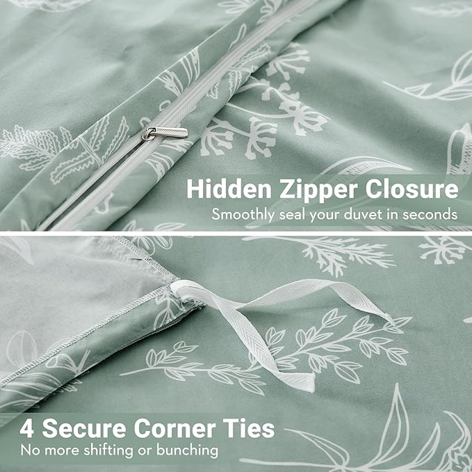 MUXHOMO Duvet Cover Queen Size, Reversible Floral Green Duvet Cover Set with Zipper Closure, 3 Pieces Botanical Patterns Soft Microfiber Bedding Set with 4 Ties (90"x90", 2 Pillow Cases)