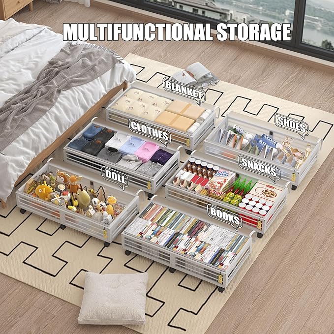 Bamboo Underbed Storage Containers with Wheels & Bag 2 Pack, Large Under Bed Rolling Storage Bins Wood Under Bed Clothes Storage Stackable Drawers for Bedroom Closet Under Crib Toy(White)