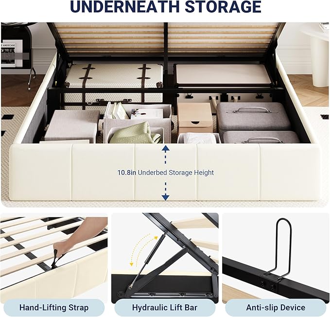 Allewie Queen Size Velvet Lift Up Storage Bed Frame, Vertical Channel Tufted Headboard, Hydrualic Underneath Storage, Upholstered Platform Bed, Wooden Slats Support, No Box Spring Needed, Cream
