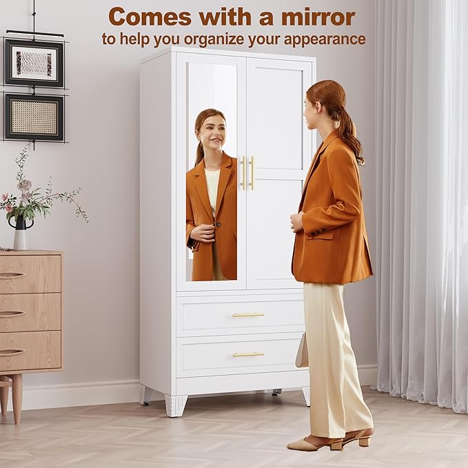RIETERN Metal Armoire Wardrobe Closet, 71" Tall Bedroom Closet with Mirror, 2 Drawers, Adjustable Shelves, and Hanging Rod, Steel Clothes Closets and Storage, for Bedroom White