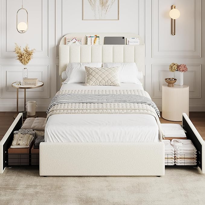 GarveeHome Twin XL Bed Frame with Storage Headboard, Kids Bed Frame with 2 Drawers, Boucle Upholstered Platform Bed with Bookcase, No Box Spring Needed, Easy Assembly, Ivory White