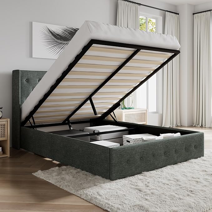 SHA CERLIN Queen Size Lift Up Storage Bed Frame,Button Tufted Wingback Headboard,Upholstered Platform,Hydraulic Storage,Wooden Slat Support,No Box Spring,Dark Grey