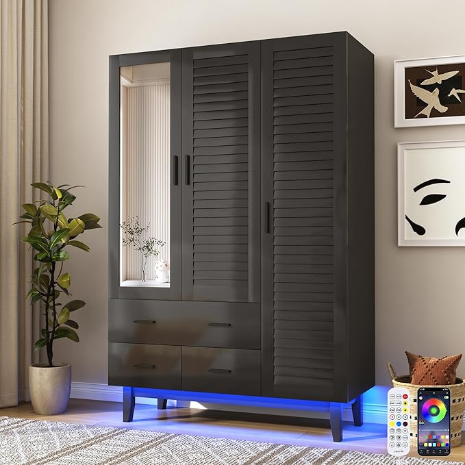 jiteentarou 3 Door Armoire Wardrobe Closet Cabinet with Drawers and LED Lights, Multi-Tier Shelves, Hanging Rod & 3 Louver Doors, Large Capacity Storage Wardrobe Armoire for Bedroom(3 Doors Black)