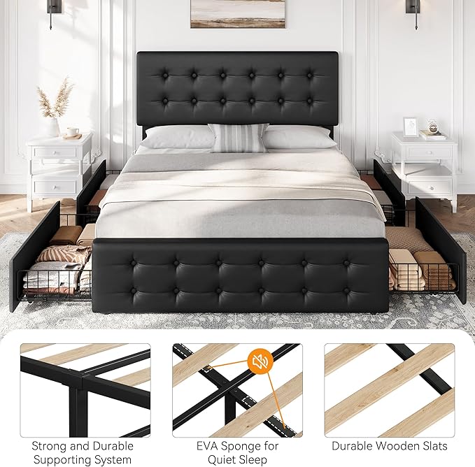 IDEALHOUSE Full Size Bed Frame with 4 Storage Drawers and Headboard, Faux Leather Upholstered Platform Bed Frame with Wooden Slats Support, Button Tufted Design, No Box Spring Needed, Black