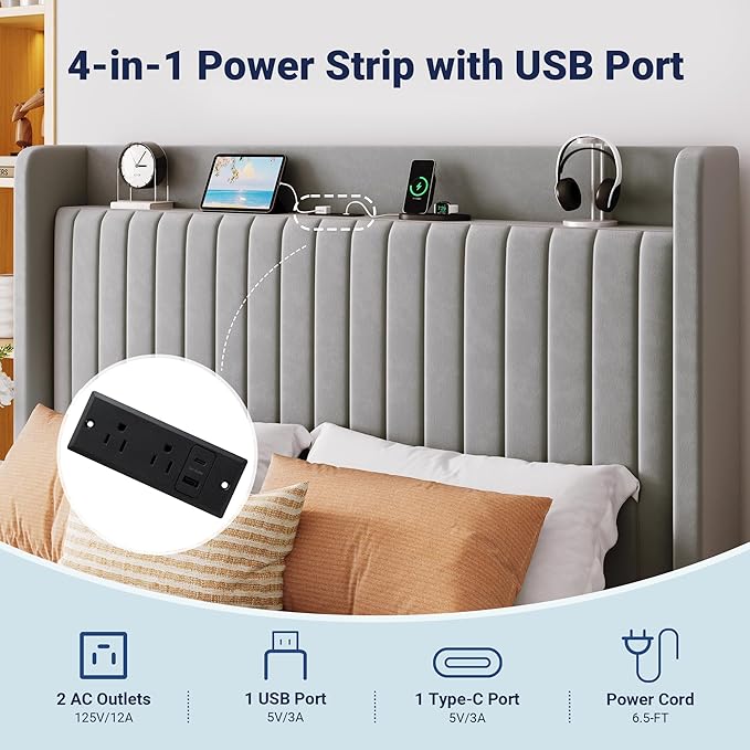 Allewie Full Size Lift Up Storage Bed Frame,Storage Shelf Headboard with Charging Station,Type-C and USB Ports,Hydraulic Support,Velvet Upholstered Bed Frame,No Box Spring Needed,Grey