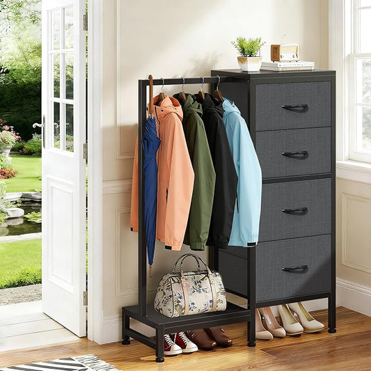 HIGDBFE Dresser with Hanging Rack, 4 Drawers Small Closet for Bedroom, Reversible Fabric Kids Chest of Drawers with Clothes Rack, Tall Storage Tower, Sturdy Frame, Grey, 44''H