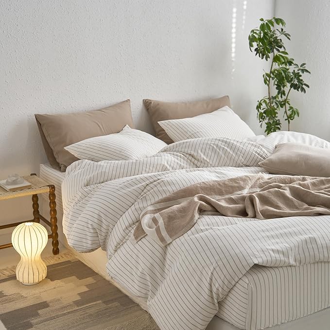 MooMee Striped Duvet Cover Set 100% Washed Cotton Linen Like Textured Breathable Durable Soft Comfy (White Tannish Linen Grey Wide Stripes, King 104"x90")