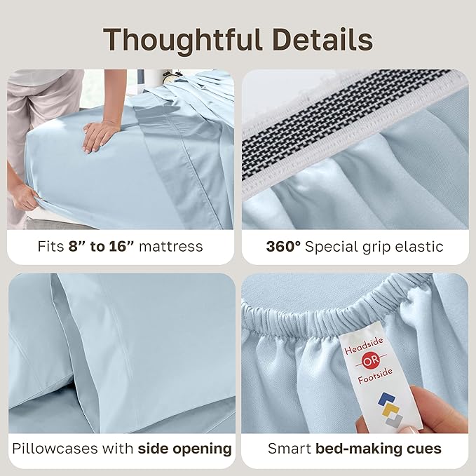 California Design Den Cotton Bed Sheets Queen Size Set - Luxury Hotel 800 Thread Count Sateen, Natural 100% Cotton Sheets Queen Size Set, Durable Deep Pockets Bedding Set - Blue (Grey Tone)