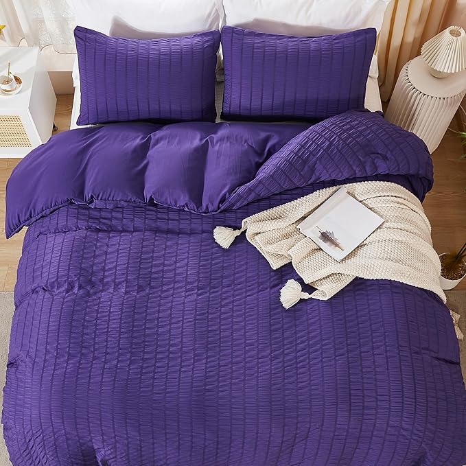 AveLom Dark Purple Duvet Cover Full(80 x 90 inches), 3 Pieces (1 Duvet Cover, 2 Pillow Cases),Seersucker Tripe Soft Washed Microfiber Textured Duvet Cover Set with Zipper Closure, Corner Ties
