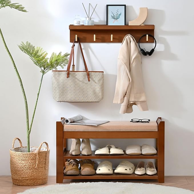 PETKABOO Shoe Rack for Front Door Entrance, 28” Entryway Bench with Coat Rack, Hall Tree Shoe Bench with Storage for Entry, Hallway, Bedroom, Living Room