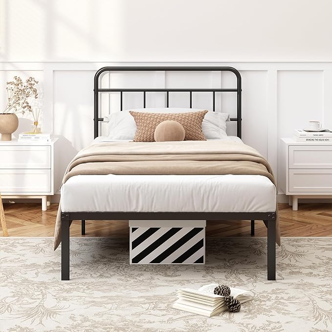 Kujielan 12 inches Twin Size Bed Frame with Minimalist headboard,Metal Platform Base with Strong Metal Slats,Mattress Foundation for Under Bed Storage,Easy Assembly,Black
