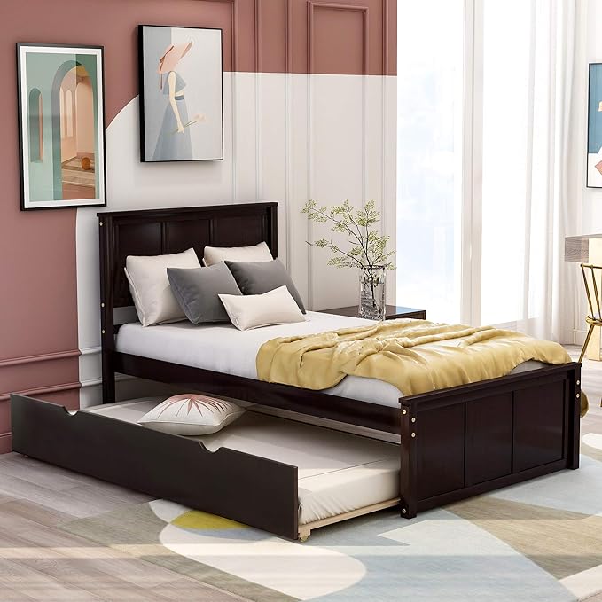 Ball & Cast Twin Bed Frames,Dyabed Platform Bed W/Pull Out Trundle Bed,Trundle can be Placed on Either Side of The Bed,for Bedroom,Guest Room,Apartment,Espresso