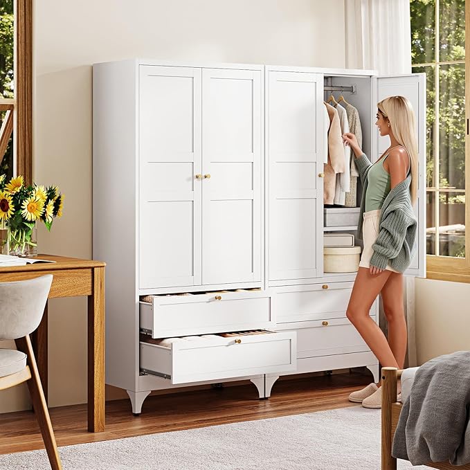 Letaya 71" Metal Wardrobe Cabinets with 2 Drawers,Steel Armoire Wardrobe Closet with Doors and Shelves,Clothing Storage Cabinets with Hanging Rod for Bedroom, Gym, Cloak Room,White