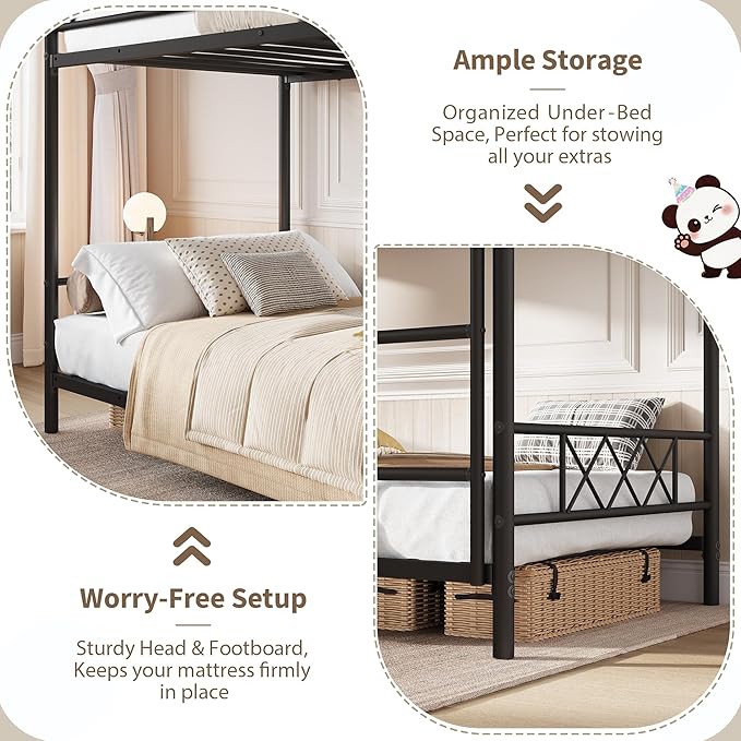 Garvee Bunk Bed Twin Over Twin for Adults & Teens, Heavy Duty 2-Tier Bed with Stairs, Full-Length Guardrail & Metal Slats, No Box Spring Required, Space Saving, Matte Black