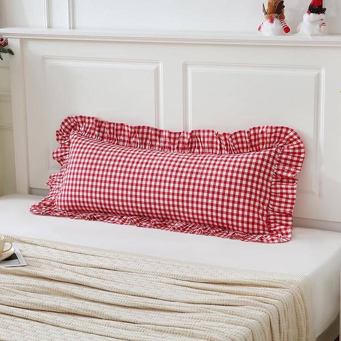 14x36 inches Red/White Plaid Ruffle Lumbar Gingham Pillow Sham 1 Piece, Pure Cotton Decor Pillowcase Farmhouse Pillow Cover for Bedding Couch
