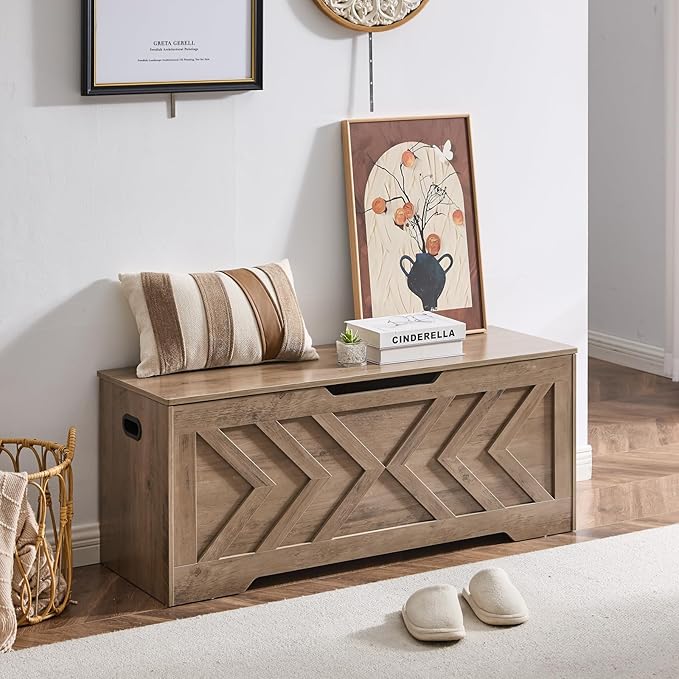 47.2” Storage Bench,Extra Large Wooden Storage Chest with 2 Safety Hinges,entryway Bench,Blanket Storage,Shoe Storage Bench for Entryway,Bedroom,Living Room,Easy Assembly.-Greige