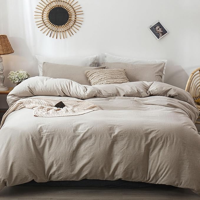 MooMee Bedding Duvet Cover Set 100% Washed Cotton Linen Like Textured Breathable Durable Soft Comfy (Heathered Tannish Linen Grey, Cal King 104"x98")