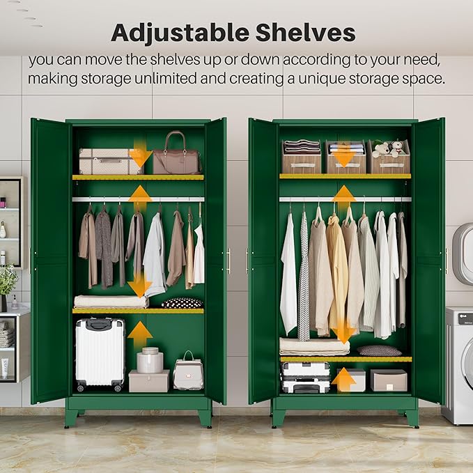 winiowa Metal Armoire Wardrobe Closet with 2 Doors, 71" Wardrobe Cabinet with Adjustable Shelves and Hanging Rod, Clothing Storage Cabinet Closet for Bedroom-Green