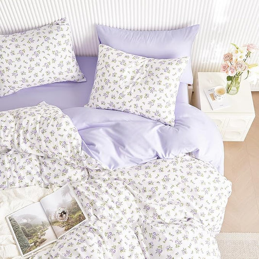 Wake In Cloud - Coquette Duvet Cover Set, Floral Cottagecore Flower Shabby Chic Cute Aesthetic, Soft Lightweight Bedding for Women Teen Girls, 3-Piece, White Purple, Queen Size