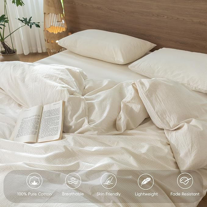 MooMee Striped Duvet Cover Set 100% Washed Cotton Linen Like Textured Breathable Durable Soft Comfy (Almond Milk Grey Pinstripes, Oversized King Plus 128"x120")