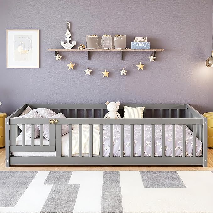 Bellemave Full Size Montessori Floor Bed Frame with Rails & Door, Solid Wood Kids Floor Bed Full with Removable Slats, Low Profile Montessori Bed for Children’s Sleep & Play, Grey