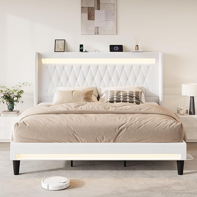 SHA CERLIN King Size LED Bed Frame with Charging Station, Velvet Upholstered Platform Bed with High Wingback Headboard, No Box Spring Needed, Easy Assembly, White