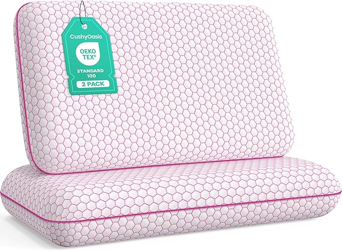CushyOasis Memory Foam Pillows for Side, Back and Stomach Sleepers, Set of 2, Bed Pillow with Washable Cover and Breathable Mesh, Bed Pillow for Sleeping (Pink，Queen Size)