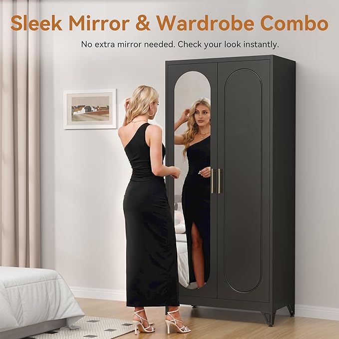 Polup Metal Armoire Wardrobe Closet with Mirror, 71" Tall Steel Clothing Storage Cabinet with Doors, Hanging Rod and Adjustable Shelves, Freestanding Clothes Organizer for Bedroom, Office, Black