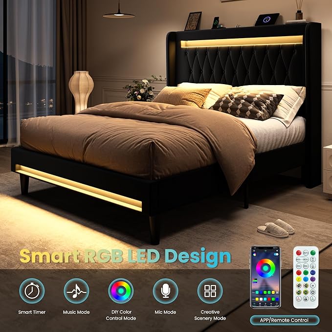 SHA CERLIN Full Size LED Bed Frame with Charging Station, Velvet Upholstered Platform Bed with High Wingback Headboard, No Box Spring Needed, Easy Assembly, Black
