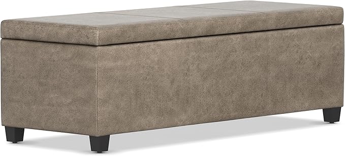 SIMPLIHOME Avalon Storage Ottoman Bench - 48" Wide x 16" High Upholstered Vegan Leather Rectangular Lift-Top Ottoman in Distressed Smoky Grey Brown, Transitional Storage Bench with High-Density Foam