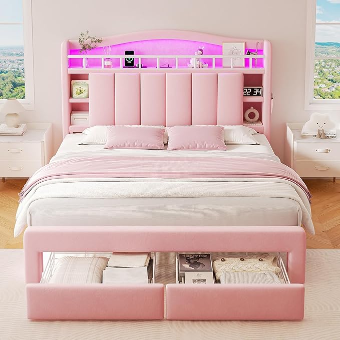 Full LED Bed Frame with Storage Headboard & 2 Storage Drawers, Princess Velvet Upholstered Bed with Vertical Tufted Headboard Design for Girls, USB & Type-C Charging Ports, Wooden Slats Support, Pink