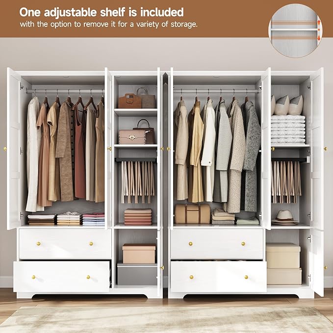 ONBRILL 3 Doors Wooden Wardrobe Closet Armoire with Pull Out Pants Rack, Bedroom Large Capacity Armoire with Drawers and Shelves, Storage Cabinet for Hanging Clothes, White