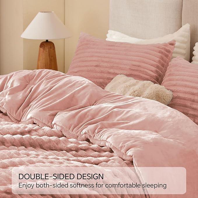 BEDELITE Fleece Oversized Queen Comforter Set -Super Soft & Warm Fluffy Dusty Pink Bedding, Luxury Fuzzy Heavy Bed Set for Winter with 2 Pillow Cases