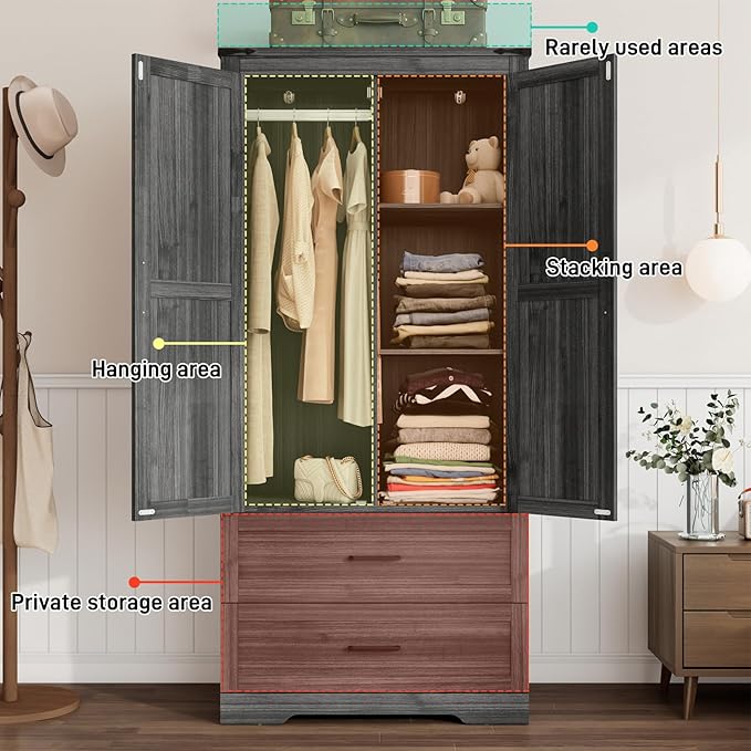 St.Mandyu Farmhouse Wardrobe Armoire Closet with 2 Doors and 2 Drawers, 70.1" Wooden Clothing Storage Cabinet, Freestanding Large Capacity Storage Wardrobe Armoire with Hanging Rod for Bedroom, Grey