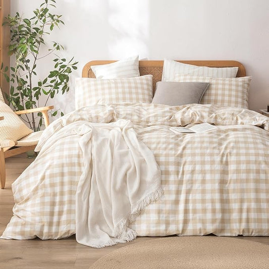 BESTOUCH Duvet Cover Set 100% Washed Cotton Linen Feel Super Soft Comfortable Chic Lightweight 3 PCs Home Bedding Set Almond Grey & White Grid Queen