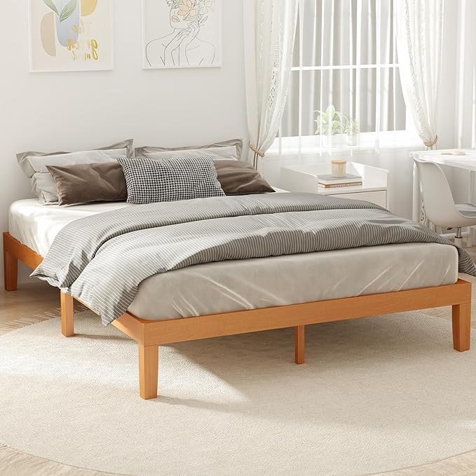 DUMOS King Size Bed Frame, Solid Wood Bed Base with Wood Slat Support, Sturdy, Stylish & Noise-Free Design, No Box Spring Needed, Easy Assembly, 12 in Natural Pine