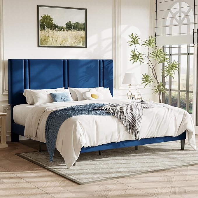 Allewie King Size Platform Bed Frame with Adjustable Headboard, Plush Velvet Upholstered, Vertical Channel Tufted, Sturdy Wooden Slats, No Box Spring Needed, Easy Assembly, Blue