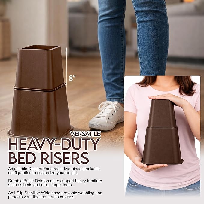 Utopia Bedding Bed Riser, 3 & 5 Inches Adjustable Furniture Risers for 8 Inch Combined Furniture Lift, Under Bed Storage & Dorm Room Essential, Supports Up to 1,300 lbs (4 Set, Brown)