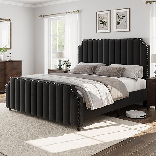 GarveeHome Queen Size Platform Bed Frame with 50.2 in Tall Headboard, Velvet Upholstered Bed Frame with Vertical Channel Tufted Headboard & Footboard, Nailhead Trim, No Box Spring Needed, Black